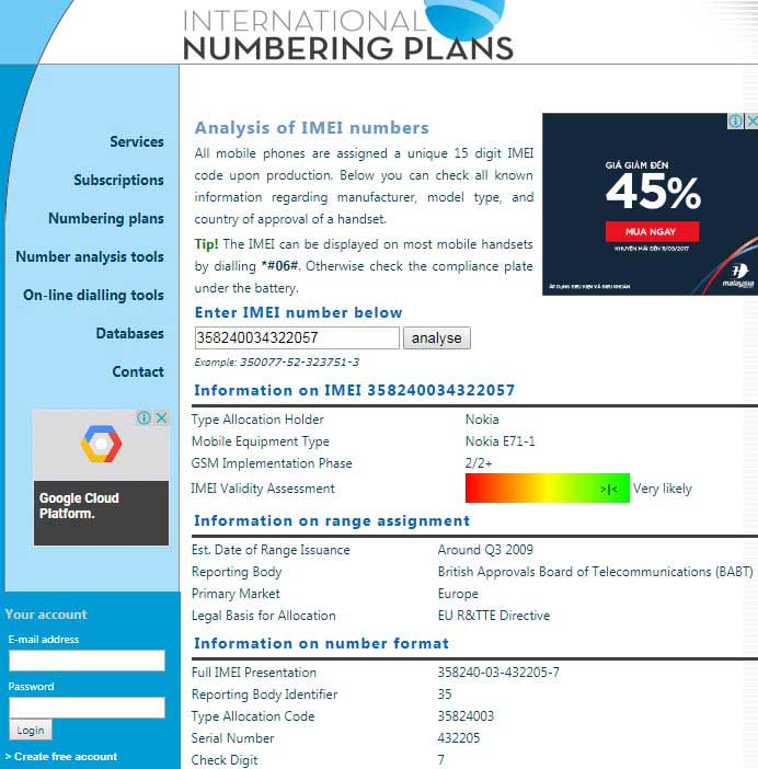 Kiểm tra IMEI bằng Numbering Plans